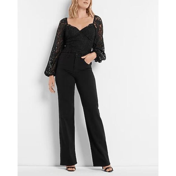 Express Black Sheer Lace Balloon Sleeve Cropped Sweetheart Top Small NWT - Picture 10 of 11